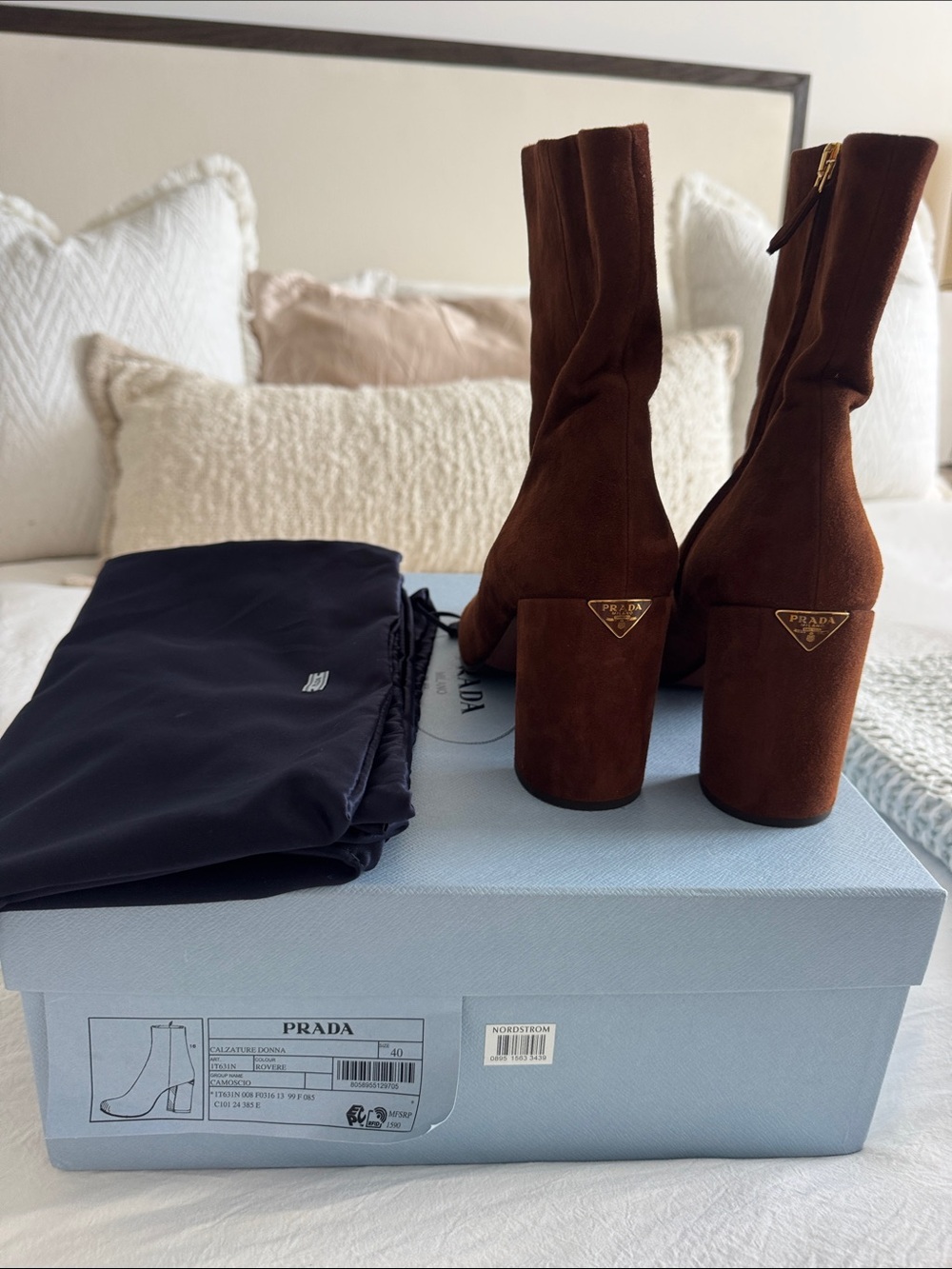 Prada Chestnut Brown Suede Block Heel Ankle Boots